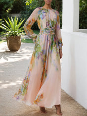 Pink Floral A Line Ruched Chiffon Crew Neck Long Sleeve Puff Sleeve Maxi Dress