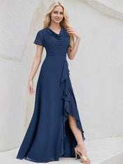Navy Blue Chiffon A Line V Neck Asymmetrical Bridesmaid Dress With Ruffle