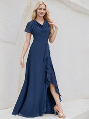 Navy Blue Chiffon A Line V Neck Asymmetrical Bridesmaid Dress With Ruffle