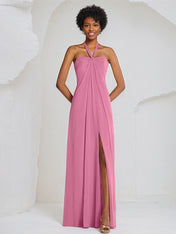 A Line Chiffon Off the Shoulder Sleeveless Floor Length Bridesmaid Dress