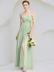 Mint Green Chiffon A Line Square Neck Sleeveless Floor Length Bridesmaid Dress with Ruffle