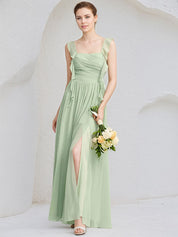 Mint Green Chiffon A Line Square Neck Sleeveless Floor Length Bridesmaid Dress with Ruffle