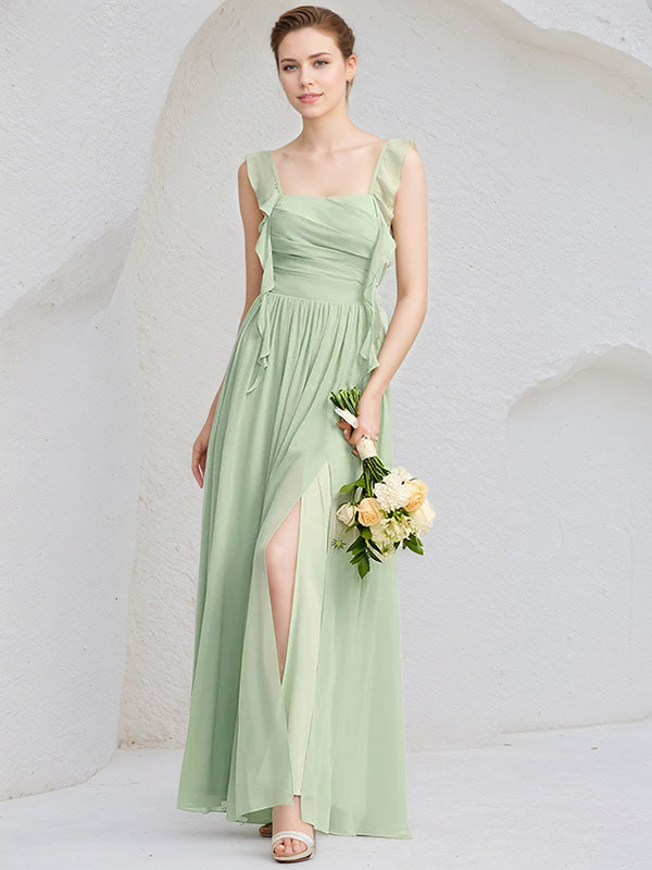 Mint Green Chiffon A Line Square Neck Sleeveless Floor Length Bridesmaid Dress with Ruffle
