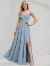 Dusty Blue Chiffon A Line Spaghetti Straps Floor Length Bridesmaid Dress