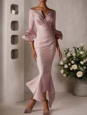 Pink Ruffled Bell Sleeves V Neck Mermaid Maxi Dress