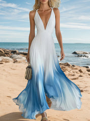 Elegant And Flowing V-Neck Pleated Chiffon Blue Gradient White Maxi Dress