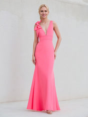 Hot Pink Chiffon V Neck Floor Length Bridesmaid Dress With Bow