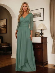A Line V Neck 3/4 Sleeve Floor Length Chiffon Mother of the Bride Dress
