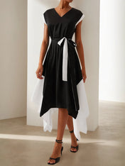 Black V Neck Short Sleeve Tie Waist A-line Midi Dress