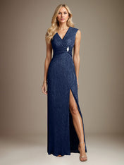 Dark Navy A Line Chiffon V Neck Sleeveless Floor Length Dress With High Slit