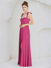 A Line Satin Spaghetti Straps Sleeveless Floor Length Bridesmaid Dress
