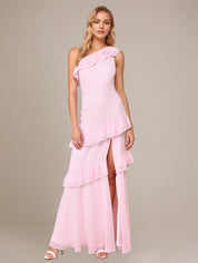 Pink Chiffon A Line One Shoulder Sleeveless Floor Length Dress With Ruffles