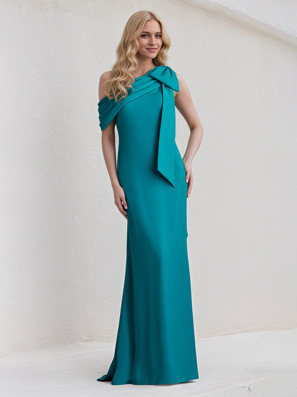 Aqua Blue Chiffon One Shoulder Sleeveless Floor Length Dress With Bow
