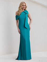 Aqua Blue Chiffon One Shoulder Sleeveless Floor Length Dress With Bow