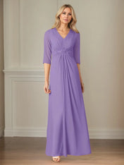 A Line Chiffon V Neck 3/4 Sleeves Floor Length Dress
