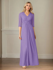 A Line Chiffon V Neck 3/4 Sleeves Floor Length Dress