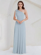 Ice Blue A Line Chiffon One Shoulder Sleeveless Floor Length Bridesmaid Dresses With Bow