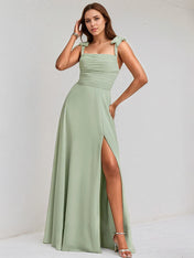 Celadon Chiffon A Line Off the Shoulder Sleeveless Floor Length Bridesmaid Dress
