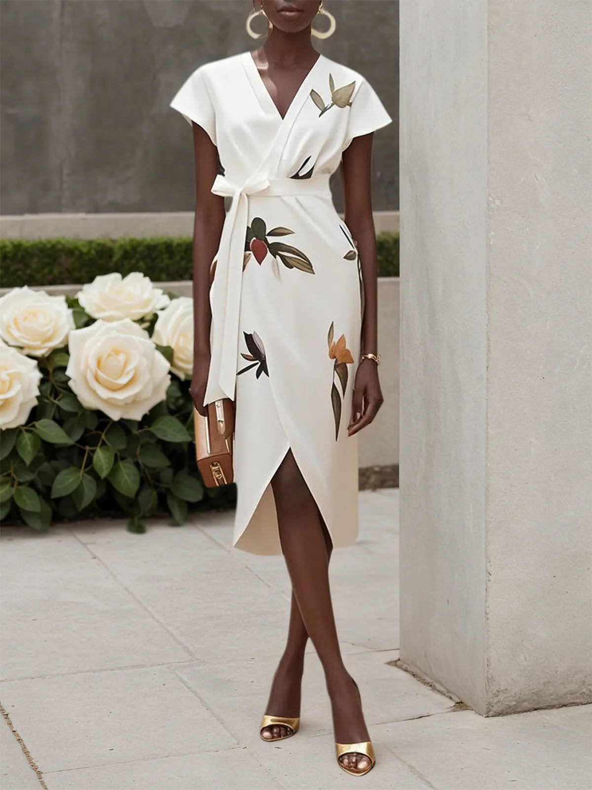White Printing Satin V Neck Cap Sleeve Sheath Midi Dress