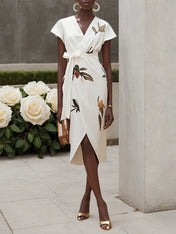 White Printing Satin V Neck Cap Sleeve Sheath Midi Dress