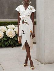 White Printing Satin V Neck Cap Sleeve Sheath Midi Dress