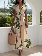 Beige Printing Floral Classic V Neck Short Sleeve A-Line Maxi Dress