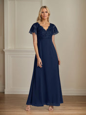 A Line Chiffon V Neck Short Sleeves Floor Length Mother of the Bride Dresses