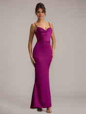 Dark Pink Satin Sheath/Column Spaghetti Straps Sleeveless Floor Length Dress