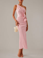 Pink Sheath/Column Satin One Shoulder Sleeveless Ankle Length Dresses With Bow