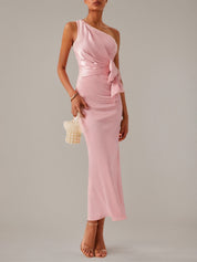 Pink Sheath/Column Satin One Shoulder Sleeveless Ankle Length Dresses With Bow