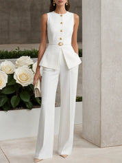 Women White Buckle Crew Neck Sleeveless Top With Pants Two-Piece Set