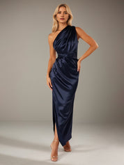 Navy Satin Sheath/Column One Shoulder Sleeveless Floor Length Bridesmaid Dress