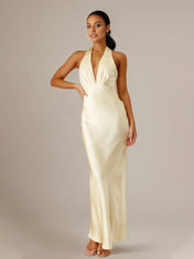 Yellow Satin Sheath/Column V Neck Sleeveless Floor Length Bridesmaid Dresses