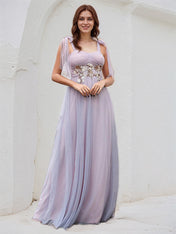 Pink Tulle A Line Spaghetti Straps Sleeveless Floor Length Bridesmaid Dress With Applique