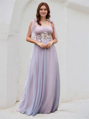 Pink Tulle A Line Spaghetti Straps Sleeveless Floor Length Bridesmaid Dress With Applique
