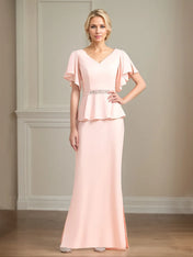 Chiffon V Neck Short Sleeves Floor Length Pleated Mother of the Bride Dresses With Ruffles