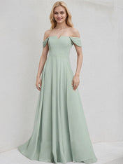 Agave Chiffon A Line Off the Shoulder Sleeveless Floor Length Bridesmaid Dress