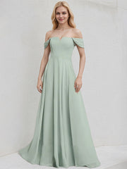 Agave Chiffon A Line Off the Shoulder Sleeveless Floor Length Bridesmaid Dress