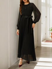 Black Pleated Mesh Chiffon Crew Neck Long Sleeve Balloon Sleeve A-Line Maxi Dress