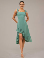Green Sheath/Column Chiffon Square Neck Sleeveless Asymmetrical Dresses With Ruffles