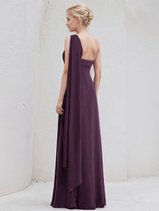 Grape A-Line One Shoulder Floor-Length Chiffon Bridesmaid Dress With Ruffle