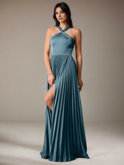 Robe de travail semi-formelle verte sans manches à volants, robe midi ajustée