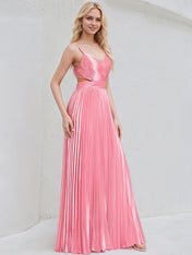 Peony Satin A Line Spaghetti Straps Sleeveless Floor Length Bridesmaid Dress