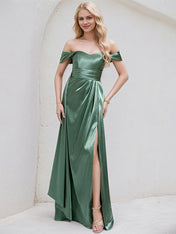 Sea Glass Satin A Line Off the Shoulder Sleeveless Floor Length Bridesmaid Dress
