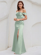 Agave Satin Trumpet/Mermaid Off the Shoulder Floor Length Bridesmaid Dress
