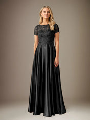 A Line Satin Scoop Neck Short Sleeves Floor Length Dress With Appliques
