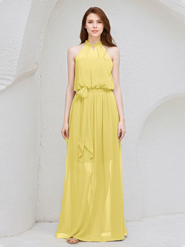 Yellow Chiffon A Line Halter Neck Sleeveless Floor Length Bridesmaid Dress