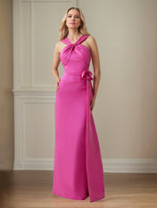 Deep Pink Satin Sheath/Column Cross Halter Floor Length Mother of the Bride Dresses