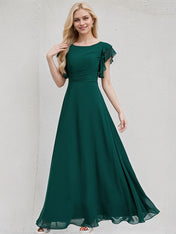 Peacock Chiffon A Line Scoop Short Sleeves Floor Length Bridesmaid Dress With Cascading Ruffles