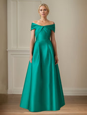 Jade Satin A Line Off The Shoulder Floor Length Mother of the Bride Dresses